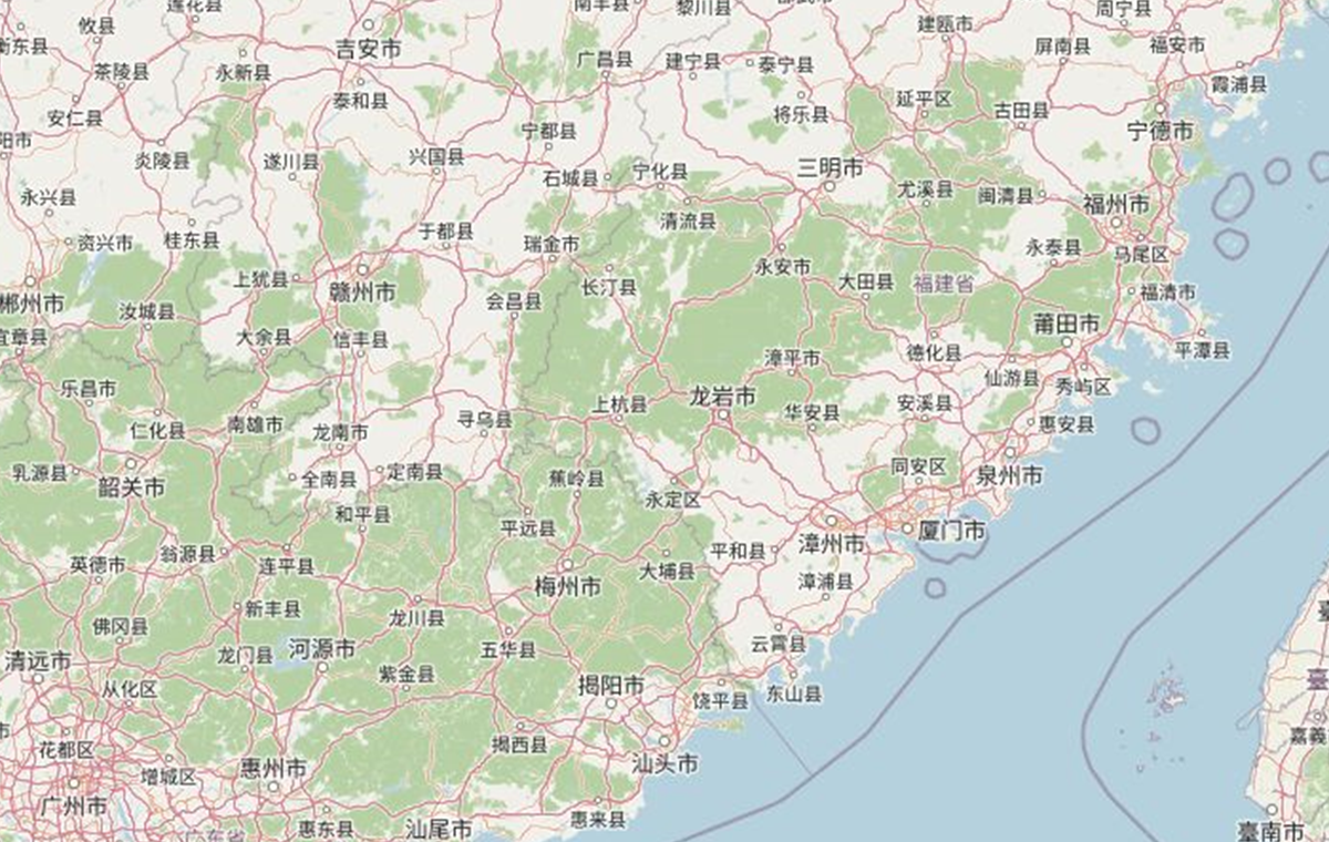 以龙岩为中心的福建、广东、江西方向地图底图